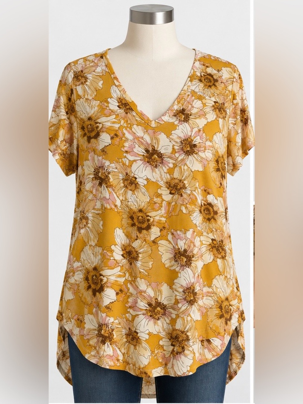 Latched Mama Women’s Large Mustard Floral Nursing Tunic Top Breastfeeding V Neck